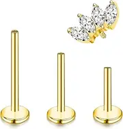 [ONESING] 16G Internally Threaded Flat Back Earrings G23 Titanium Gold Tragus Piercing Jewelry Hypoallergenic CZ Helix Cartilage Conch Nose Stud Tragus Earrings Piercing Jewelry for Women Men 6mm 8mm