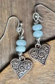 Silver, Amazonite and Etched Copper Heart Earrings. Love. Adore.