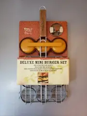 World Market Deluxe Mini 9 Burger Set Non-Stick Grilling Basket Bun Cutter New