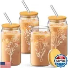 Didaey 4 Set Floral Glass Cups with Bamboo Lids and Straws 16 oz Can Shaped G
