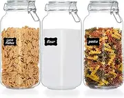 78oz Glass Food Storage Jars with Airtight Clamp Lids, 3 Pack Large Kitchen Canisters for Flour, Cereal, Coffee, Pasta and Canning, Square Mason Jars with 4 Chalkboard Labels