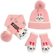 [NautySaurs] Girls Cold Weather Accessories Sets Thermal Knit Crochet Thick Fluffy Pom Bobble Hat Scarf and Gloves Set for Toddler Kids Aged 2-6