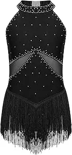 [Rswnyirn] Kids Girls Sleeveless Halter Neck Fringe Figure Ice Skating Dance Dress Rumba Samba Salsa Latin Dance Dress