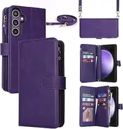 [Cavor] for Samsung Galaxy S23 FE Case 6.4 inch PU Leather Folio Flip Wallet Back Cover Magnetic Case with Long Shoulder Lanyard Zipper Coin Purse 9 Card Holder Kickstand Wristlet Strap-Purple