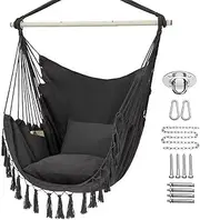 Hammock Chair Hanging Rope Swing Chair, Hammock Swing Macrame Chair with Two Soft Seat Cushions for Bedroom Yard Patio Camping Garden Max Weight 150 KG(Grey)