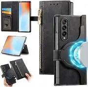 [RUNGOS] for Samsung Z Fold 4 Case MagSafe, with Detachable Magnetic Wallet (Zipper Large Storage & 3 Card Holder, RFID Blocking, Phone Stand) 12Ft Shockproof for Samsung Galaxy Z Fold 4 Case Wallet