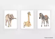 Baby Animal Print Set - elephant, giraffe, zebra - neutral nursery prints