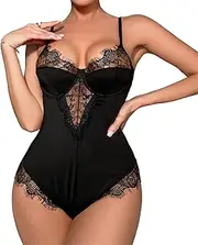 [Generic] Women's Eyelash Lace Trim Lingerie One Piece Mesh Babydoll Bodysuit Leopard Backless V Neck Bodysuits