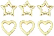 Stiesy 6 Pcs 2 Style Brass Spring Gate Rings Clasp Golden Heart Star Shape Jewelry Clasps Spring Keyrings Buckle for Keychain Shoe Charms Jewelry Making Crafts