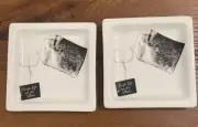 PAIR - Fishs Eddy STEEP UP TO THE PLATE Ceramic Tea Bag Rest Dish 4.25" x 4.25"