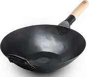 Craft Wok Black13 By Flat Pre-Threaded Hammering Carbon Steel Wok with Wood and Steel Auxiliary Handle (13 Inch, Flat Base)