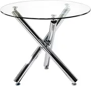 Round Glass Top Drink Table ， Small Space Modern Dining Room Casual Coffee Tabl Tea Kitchen Table and Tripod Chrome Leg，Easy to Assemble