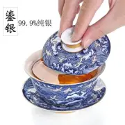 Silver Cover Bowl Set Gold Waves Run Xiang Blue and White Ceramic Kung Fu Tea