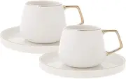 KARACA Saturn Turkish Coffee Cups, Espresso Cups Set of 2 Includes 4 Pieces, 3 oz Espresso Cup Set, Small Espresso Cups and Saucers, Set of 2 Demitasse Cups with Gold Handle on White Porcelain