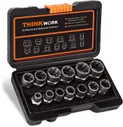 THINKWORK Bolt Extractor Set, 13+1 Pieces Impact & Nut Remover Stripped Lug Remo