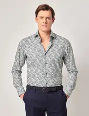 Hawes & Curtis Navy & Green Paisley Slim Curtis Shirt | High Collar Size: XS