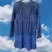 Athleta Small Silk Blend Blue Ikat Kaftan Long Sleeve Button Up Top Coverup NEW