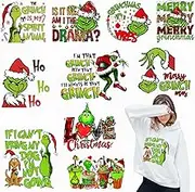10 Sheets Grinchs Christmas Iron on Transfers for T-Shirts, Christmas Heat Transfers Vinyl, Christmas Iron on Decals for Clothes Bag Pillow Covers DIY Decorations