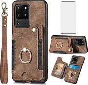 Phone Case for Samsung Galaxy S20 Ultra 5G Wallet Cover with Screen Protector and Wrist Strap Lanyard RFID Card Holder Ring Stand Cell Accessories S20ultra 20S S 20 A20 S2O 20ultra G5 Women Men Brown
