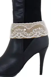Women Boot Chain Bracelet Shoe Pearl Beads Beige Strap White Lace Band Jewelry
