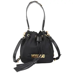 MOSCHINO 金字流蘇尼龍束口兩用水桶包(黑色)