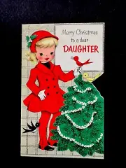 1 VTG Unused MCM Xmas Greeting Card Cute Girl In Red With Chirping Birds & Tree