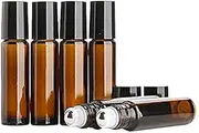 Glass Roller Bottles 10 ml 6 Pack Empty Refillable Essential Oil Glass Roller Bottle Amber with Stainless Steel Roller Balls including 1 bottle opener and 1 dropper
