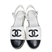 CHANEL White Black Cap-Toe CC Logo Lambskin Ankle Strap Espadrilles Flats 37 EU