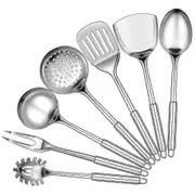 7-Piece Stainless Steel Kitchen Utensils Set with Slotted Spoon & Soup Ladle for Cooking Serving silver