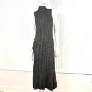 DKNY Women Size L Sweater Dress Sleeveless Midi Gold Black Turtleneck Cocktail