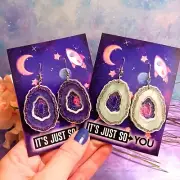 Big Acrylic Crystal Geode Slice Dangle Earrings, White or Purple Fake Cut Geodes