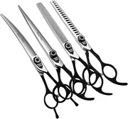 Fenice Peak 7.5'' Professional Dog Grooming Scissors Set with Black Non-Slip Handle 440C Stainless Steel Straight Thinning Curved Chunker Shears with Comb 5pcs Set for Pet Grooming Services