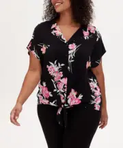 Torrid Size 5 Black Floral Button Down Tie Front Blouse NWT