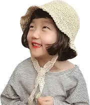 [haozaikeji] Little Girls Straw Sun Hats with Lace Strap Lightweight Breathable Summer Beach Hat UV Protection Cute Wave Brim Kids Hat for Holiday Travling Hiking