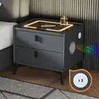 Oikiture Set of 2 Smart Bedside Tables Wireless Charging LED Nightstand Grey