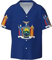 [HVTTIOR] New York State Flag Print Short Sleeve Shirt Cuban Collar Beach Casual Style Summer Vacation Relaxed Fit