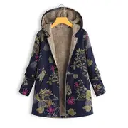 Nevenka Womens Bohemian Floral Print Jacket Plush Hooded Warm Coat-B