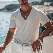 Men's Tee Top Linen T-Shirt Short Sleeve Short Sleeves V Neck Summer Plain Fashion Designer Basic Soft Vacation Street Casual Light Grey Top Tee for Men