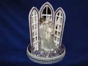 New Chapel Church Mirrored Windows Cake topper with Bride & Groom & Purple Decor