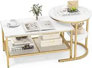GOFLAME Nesting Coffee Table Set of 2, 2 PCS Nesting Tables with Faux Marble Top and Extra Storage Shelf, Modern Round End Table & Rectangular Coffee Tables for Living Room, Bedroom, Gold+White