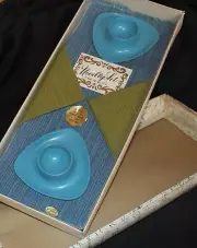 retro breakfast set BLUE saucer egg cups place mats napkins 2 each boxed JAPAN
