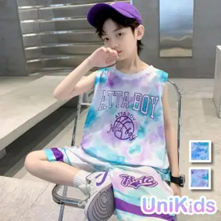 【UniKids】中大童裝2件套速乾籃球服渲染無袖背心運動五分褲 男大童裝 VP2423135(藍 紫)