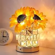 Sunflower Crystal Table Lamp, Dimmable LED Artificial Flower Lamp Touch Lamp with Cube Crystal Vase, USB Rechargeable Cordless Lamps for Bedroom, Living Room, Home Decoration