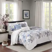 BEAUTIFUL COTTAGE CHIC BLUE IVORY GREY WHITE TAUPE ART LEAF SOFT QUILT SET KING