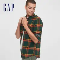 在飛比找蝦皮商城優惠-Gap 男裝 法蘭絨格紋翻領長袖襯衫-綠色格紋(619446