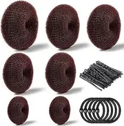Donut Hair Bun Maker 7 Pieces, Ring Style Bun Maker Set with Hair Bun Makers (1 extra-large, 2 large, 2 medium and 2 small), 5 pieces Hair Elastic Bands, 30 pieces Hair Pins, Dark Brown