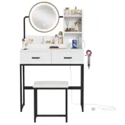 Advwin Dressing Table Set with Power Outlet and LED Light 360°Adjustable Mirror Angle White& Black