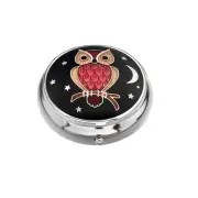 Pill Box Silver Plated Owl Moon and Stars Black & Red Green Brand New And Boxed