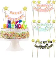 Amaxiu 6 Sets Happy Birthday Cake Topper, Bunting Banner Glitter Cake Topper Cake Gold Star Flag Banner Cupcake Topper Cake Decoration for Boys Girls Birthday Party