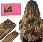 WENNALIFE Clip in Hair Extensions, 150g 50cm 20 Inch 9pcs Balayage Chocolate Brown to Honey Blonde Human Hair Extensions Thicker Clip in Hair Extensions Real Human Hair Clip Set Double Weft